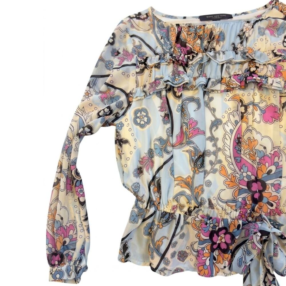 Marc New York Paisley Ruffle Peplum Blouse Size S Sheer Sleeves - Picture 5 of 10